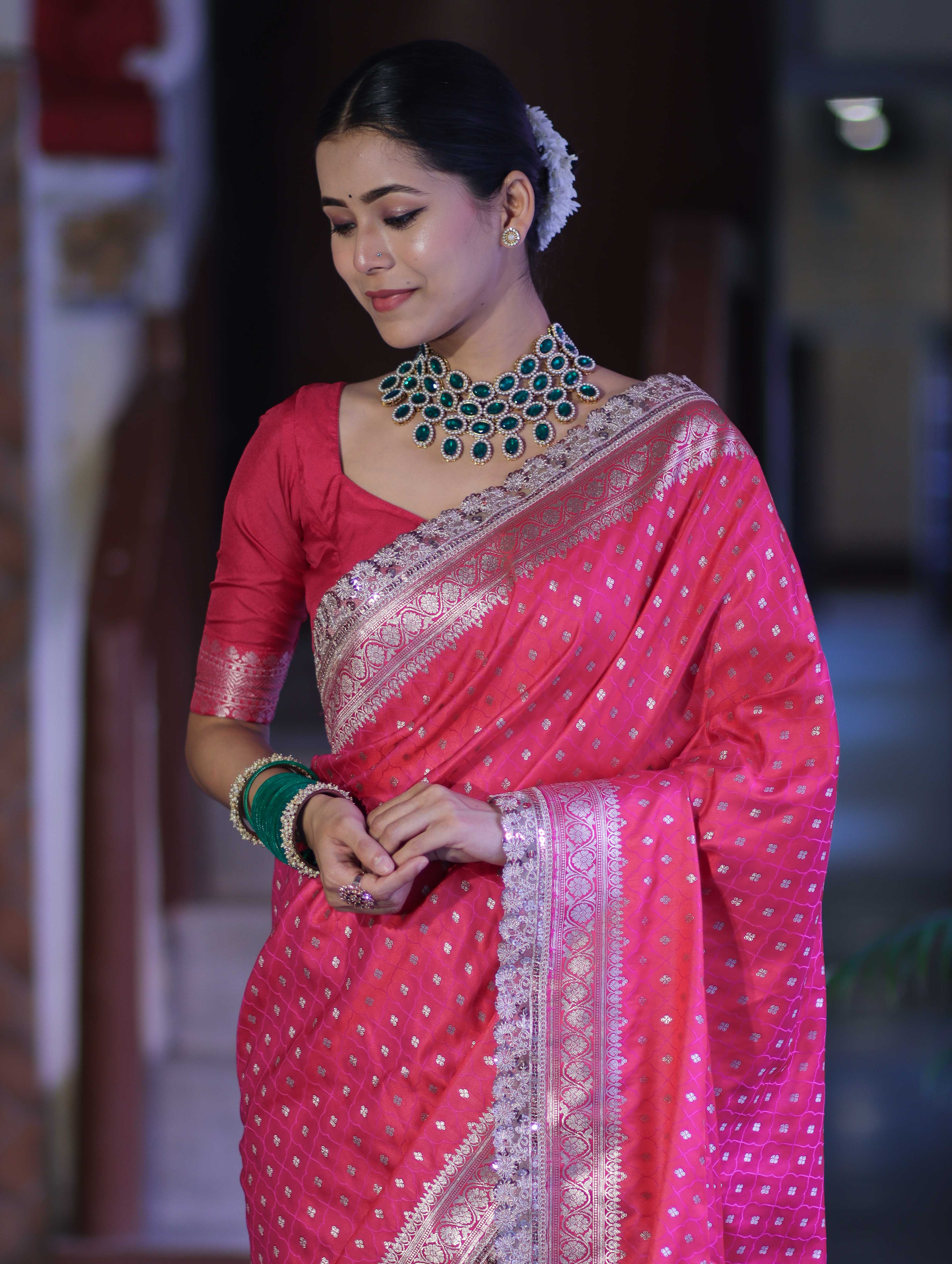 Banarasee Handloom Mashru Silk Saree With Zari Buti Design & Lace Border-Fuchsia Pink