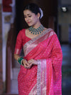 Banarasee Handloom Mashru Silk Saree With Zari Buti Design & Lace Border-Fuchsia Pink