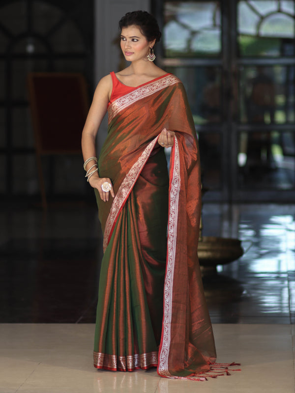 Banarasee Dual Shaded Linen Tissue Saree With Floral Border-Rust