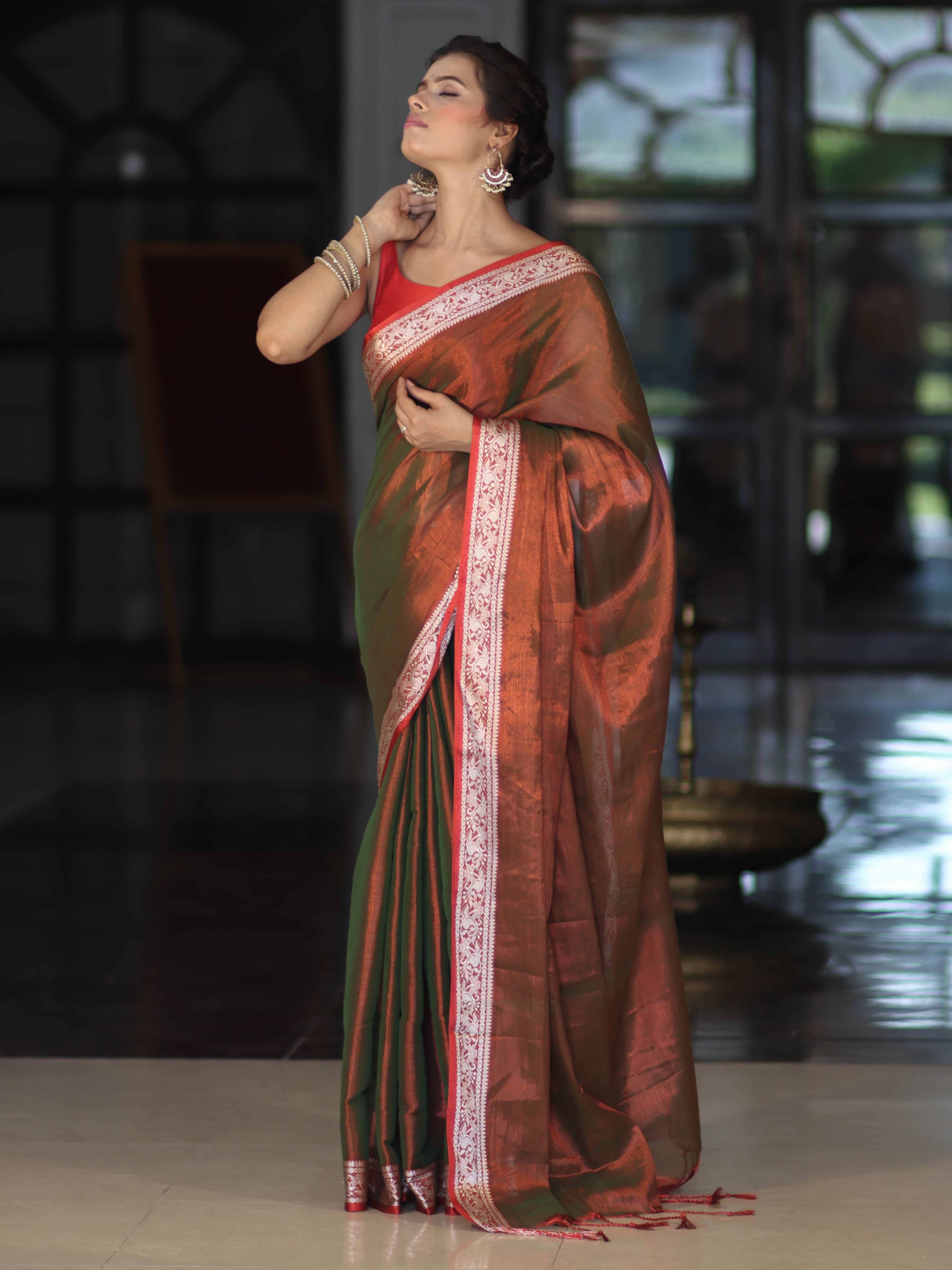 Banarasee Dual Shaded Linen Tissue Saree With Floral Border-Rust
