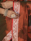 Banarasee Dual Shaded Linen Tissue Saree With Floral Border-Rust