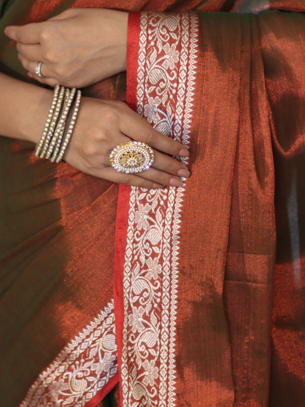Banarasee Dual Shaded Linen Tissue Saree With Floral Border-Rust