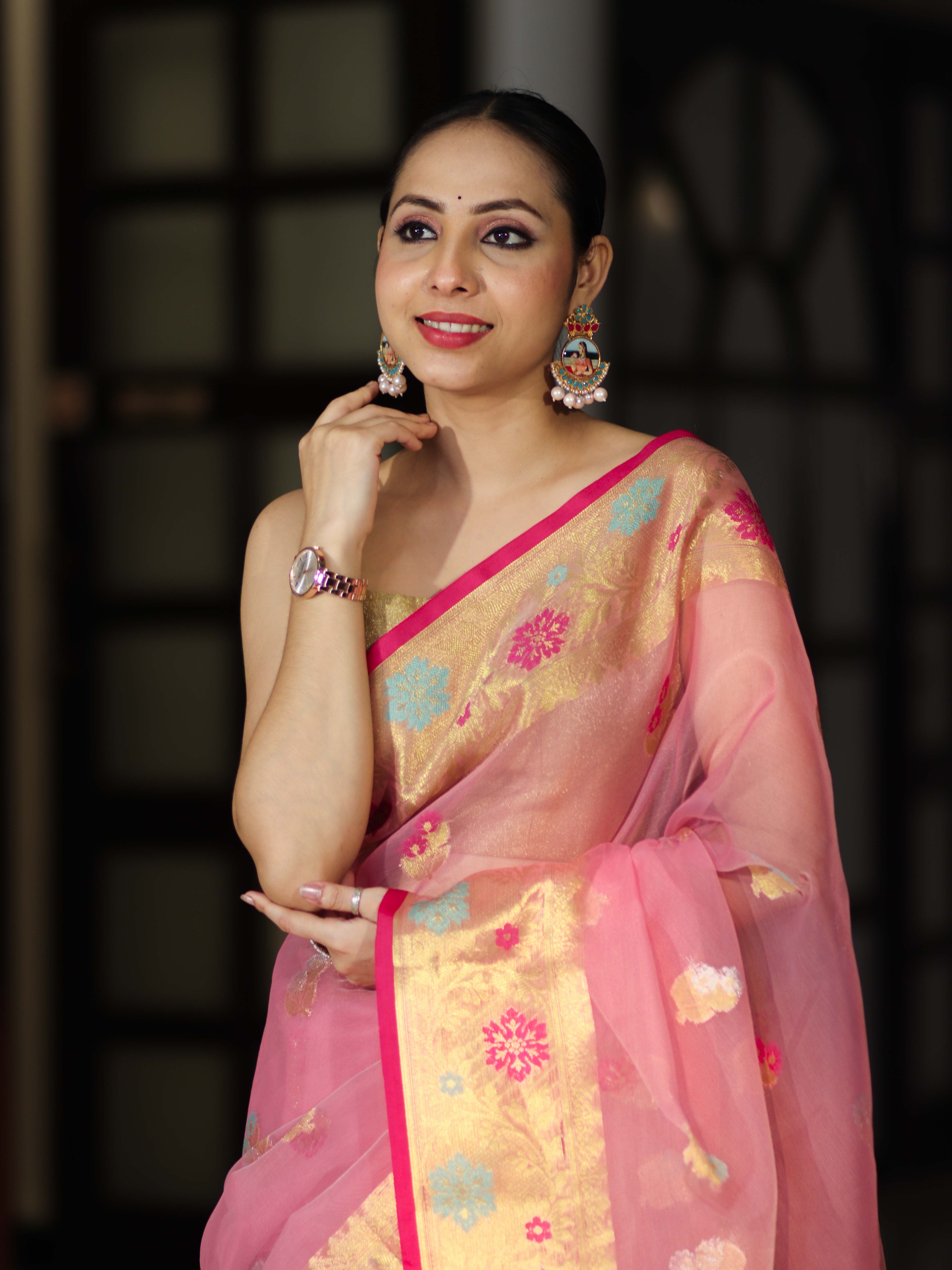 Banarasee Handloom Organza Mix Saree With Resham & Zari Work-Light Pink