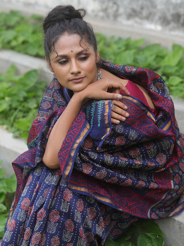 Banarasee Handloom Chanderi Bagru Block Printed Saree-Blue