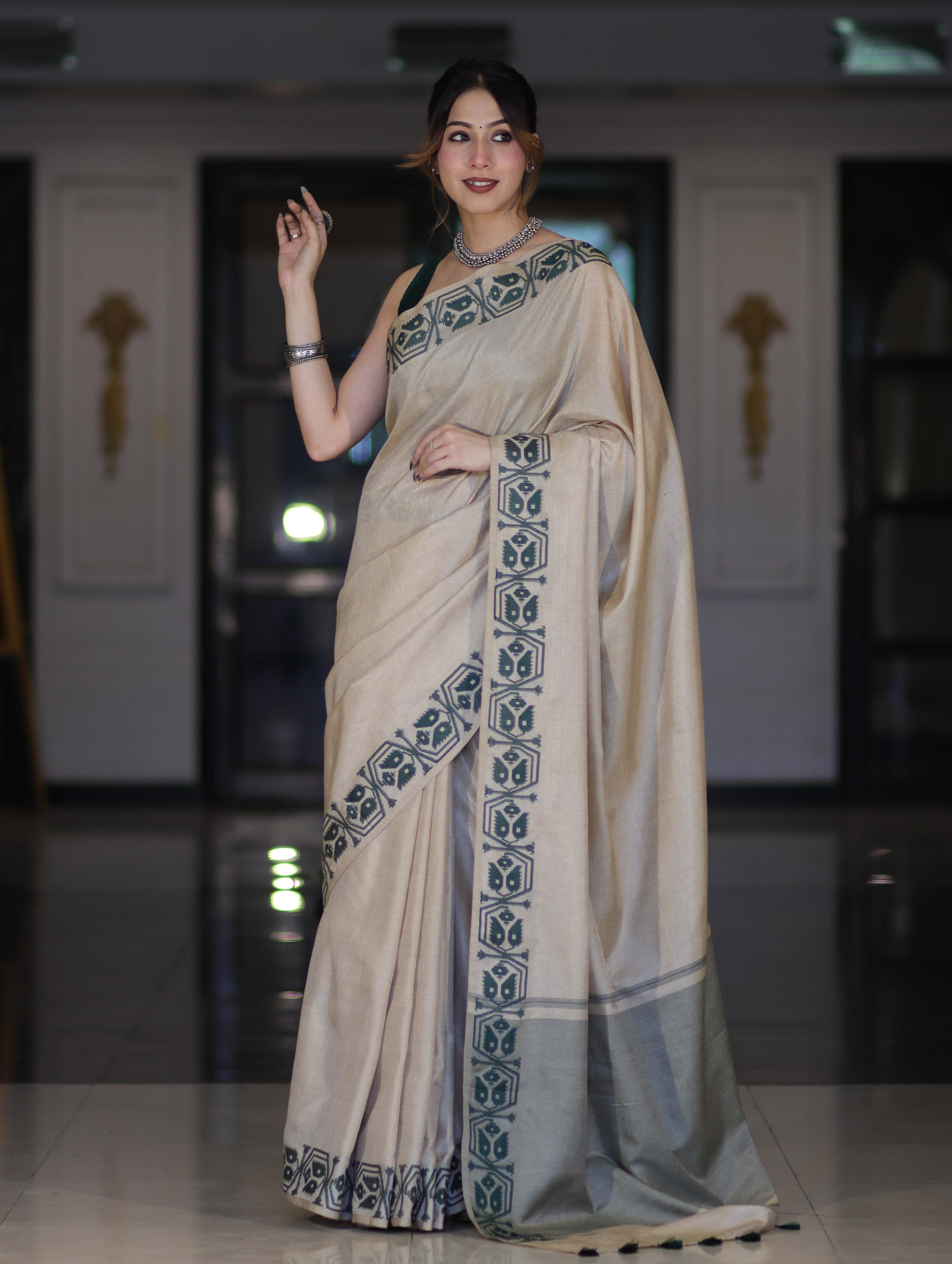 Banarasee Handwoven Semi-Tussar Saree With Embroidered Contrast Border-Beige