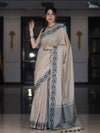 Banarasee Handwoven Semi-Tussar Saree With Embroidered Contrast Border-Beige