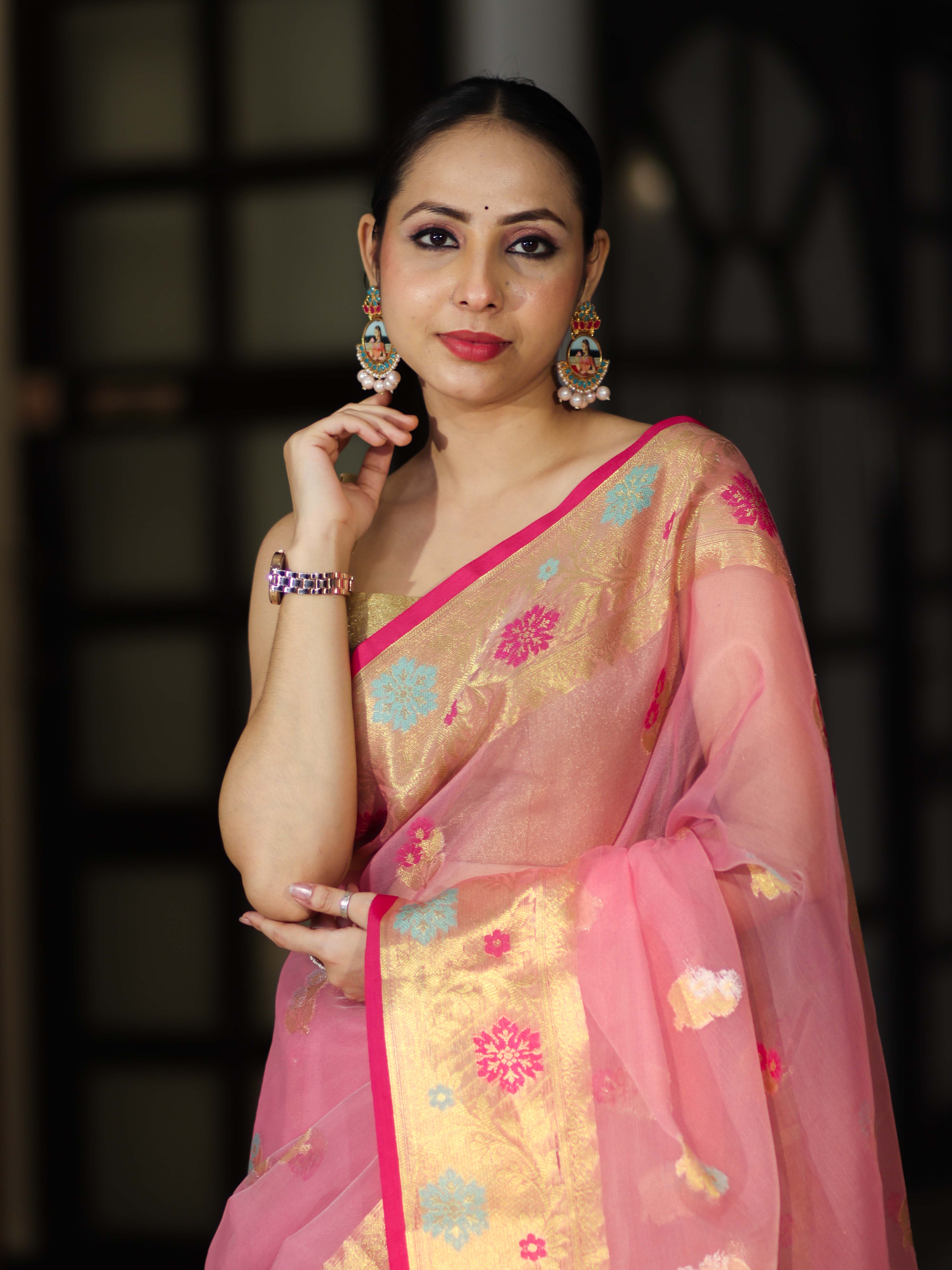 Banarasee Handloom Organza Mix Saree With Resham & Zari Work-Light Pink