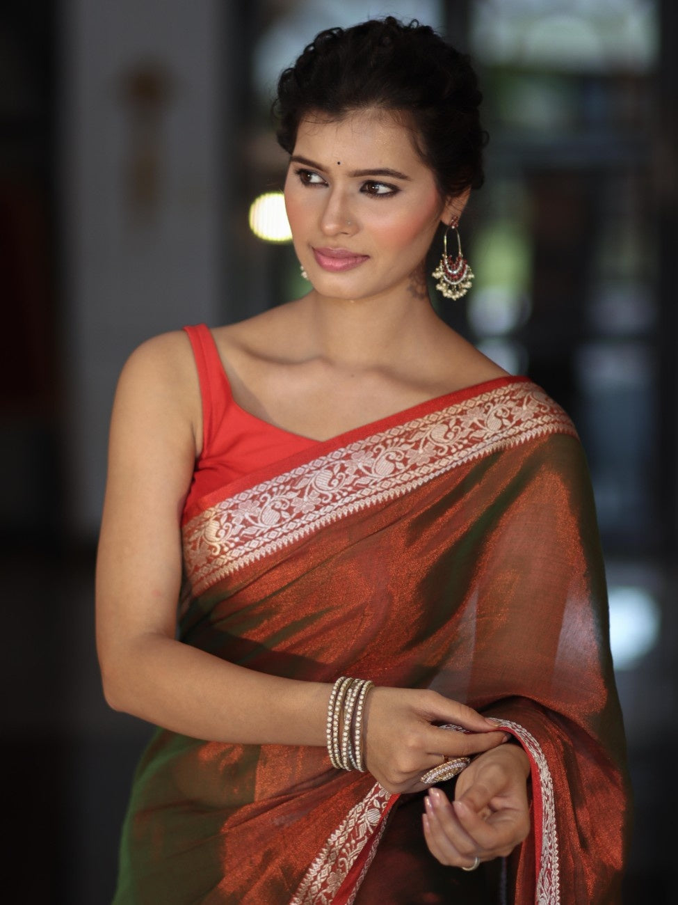 Banarasee Dual Shaded Linen Tissue Saree With Floral Border-Rust