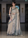 Banarasee Handwoven Semi-Tussar Saree With Embroidered Contrast Border-Beige