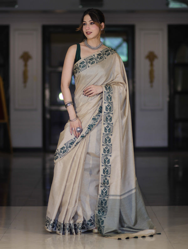 Banarasee Handwoven Semi-Tussar Saree With Embroidered Contrast Border-Beige
