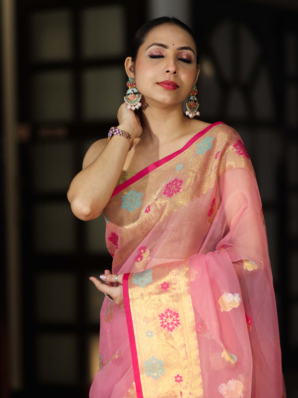 Banarasee Handloom Organza Mix Saree With Resham & Zari Work-Light Pink
