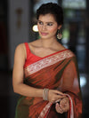 Banarasee Dual Shaded Linen Tissue Saree With Floral Border-Rust