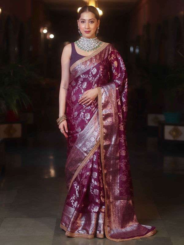 Banarasee Handwoven Semi Silk Saree With Silver Zari Jaal Design & Lace-Violet