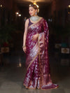 Banarasee Handwoven Semi Silk Saree With Silver Zari Jaal Design & Lace-Violet