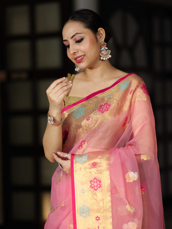 Banarasee Handloom Organza Mix Saree With Resham & Zari Work-Light Pink