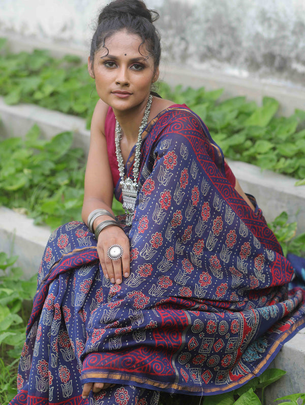 Banarasee Handloom Chanderi Bagru Block Printed Saree-Blue