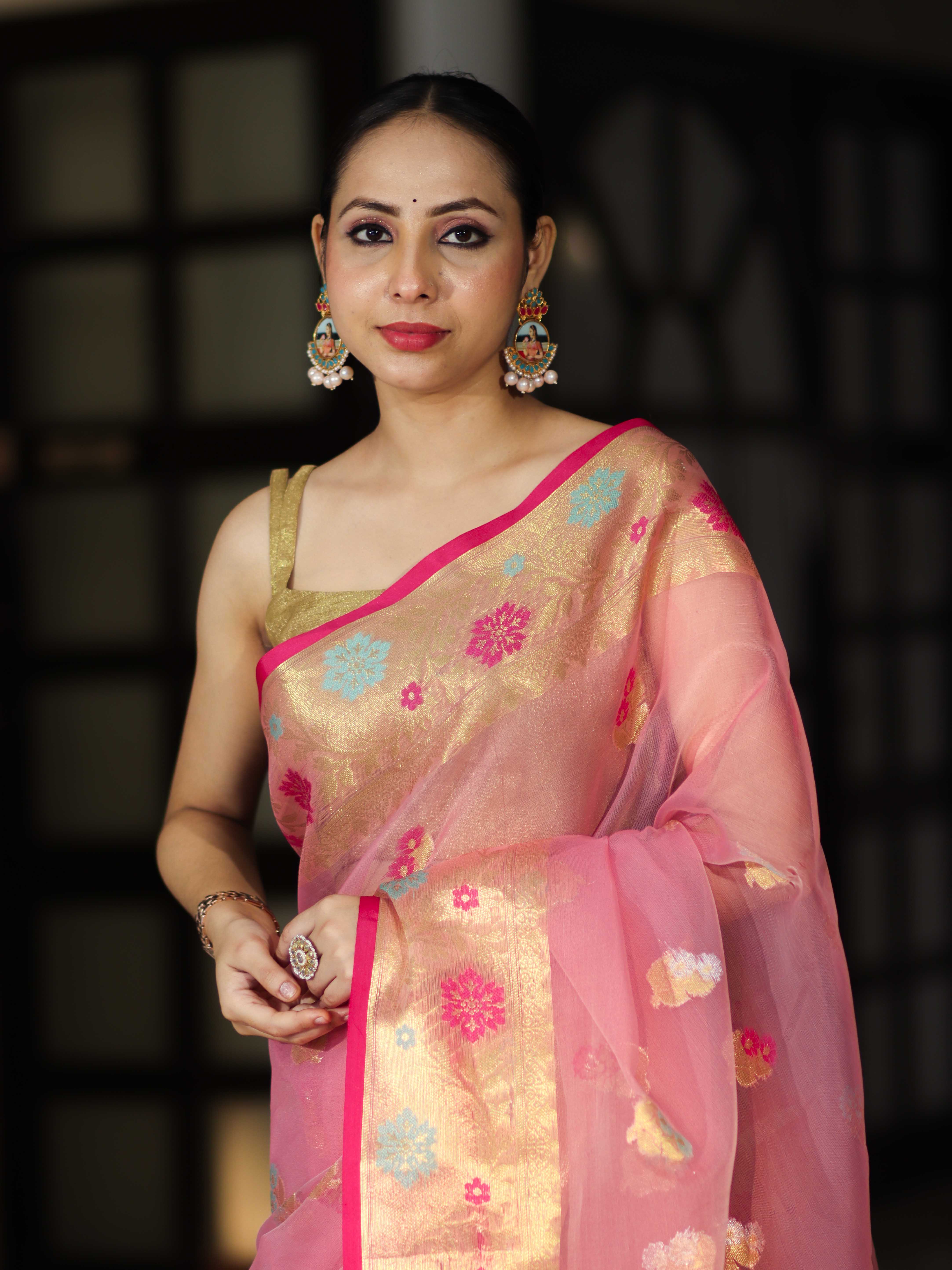 Banarasee Handloom Organza Mix Saree With Resham & Zari Work-Light Pink