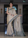 Banarasee Handwoven Semi-Tussar Saree With Embroidered Contrast Border-Beige