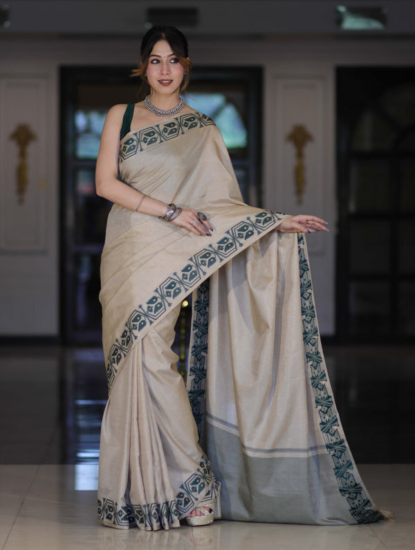 Banarasee Handwoven Semi-Tussar Saree With Embroidered Contrast Border-Beige