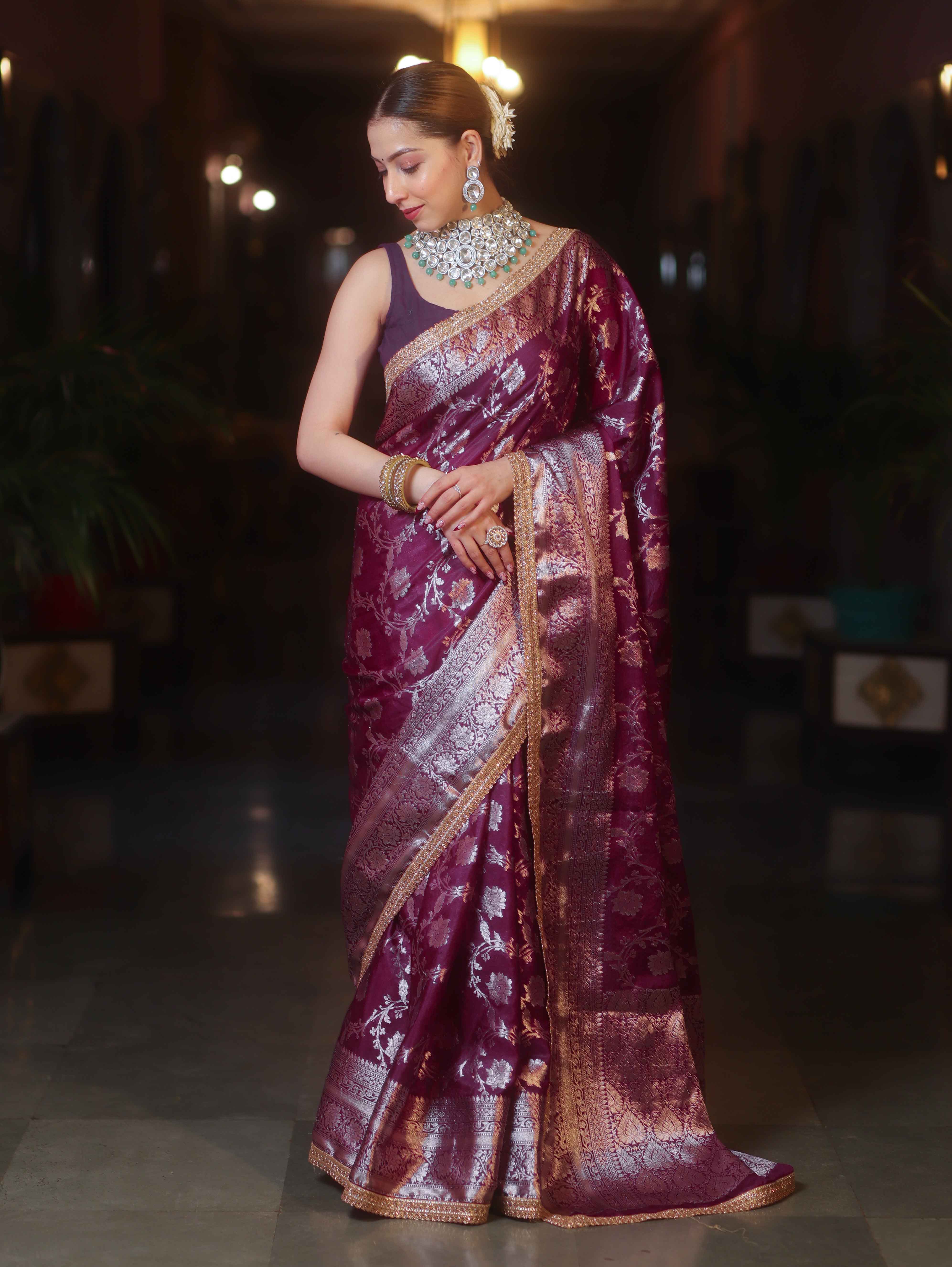 Banarasee Handwoven Semi Silk Saree With Silver Zari Jaal Design & Lace-Violet
