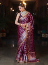 Banarasee Handwoven Semi Silk Saree With Silver Zari Jaal Design & Lace-Violet