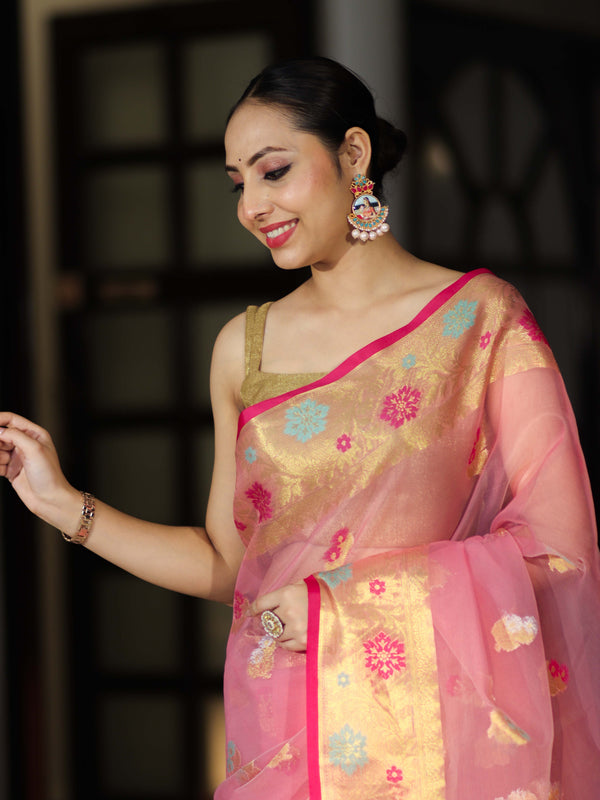 Banarasee Handloom Organza Mix Saree With Resham & Zari Work-Light Pink