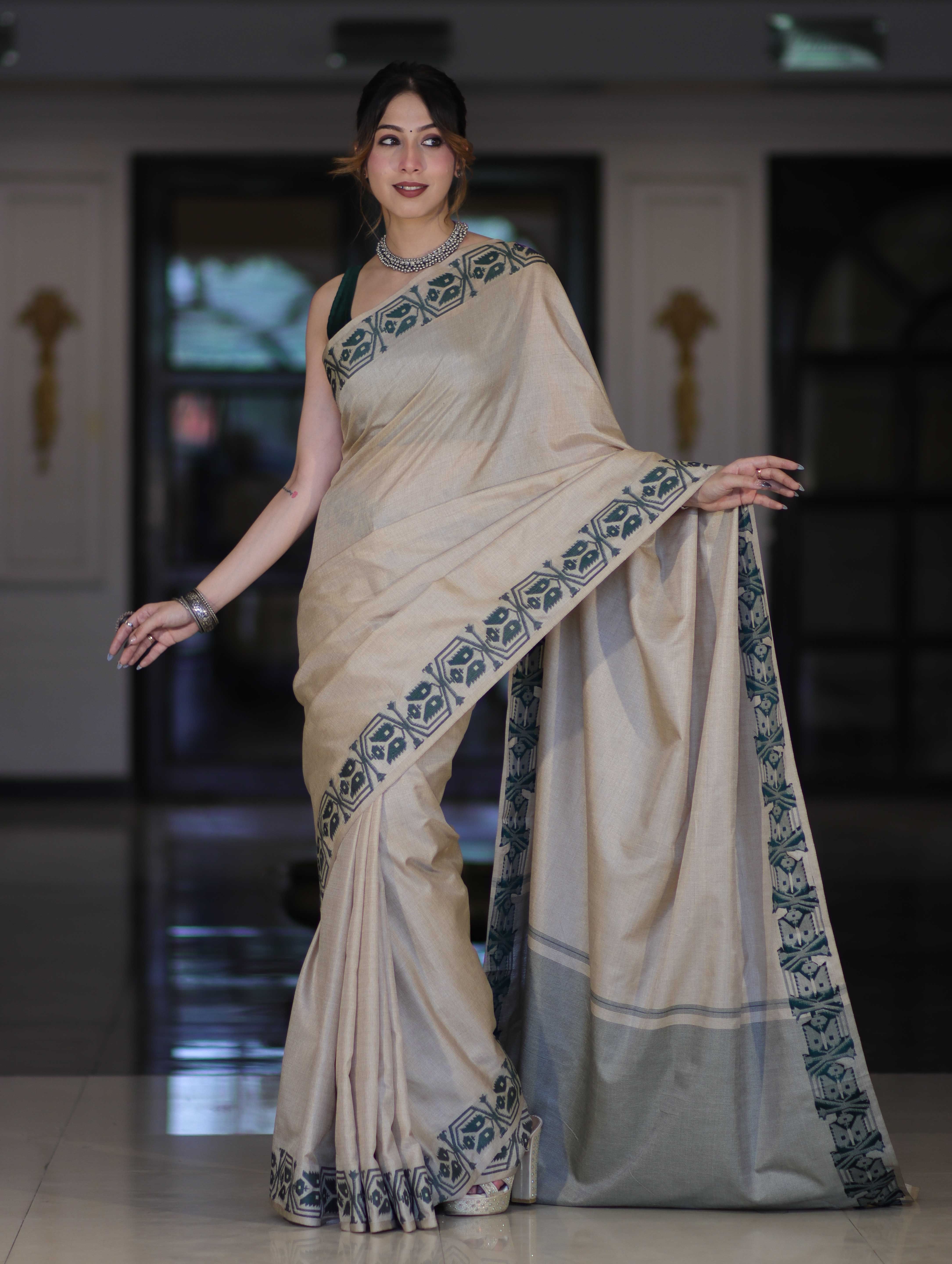 Banarasee Handwoven Semi-Tussar Saree With Embroidered Contrast Border-Beige