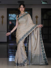 Banarasee Handwoven Semi-Tussar Saree With Embroidered Contrast Border-Beige