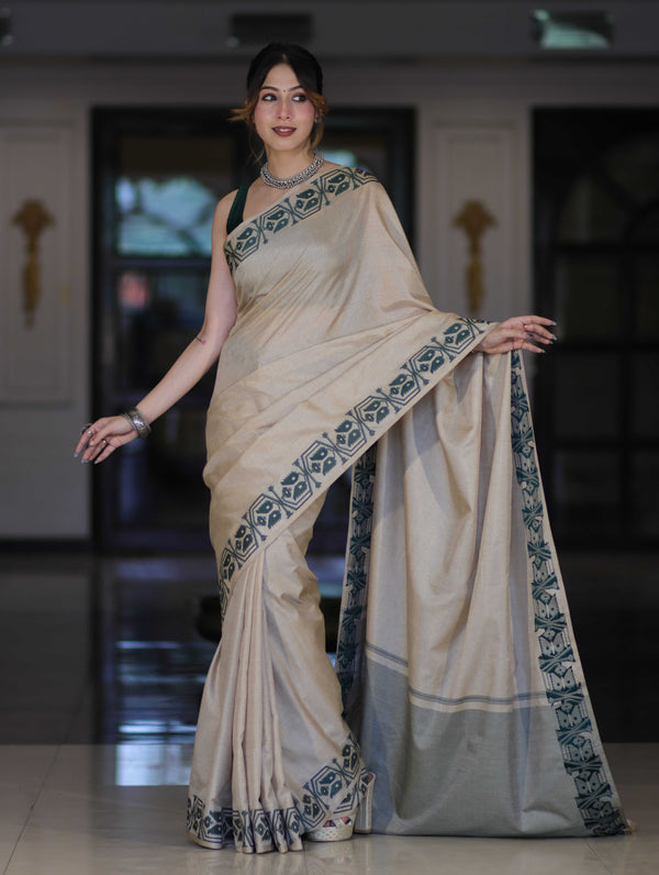 Banarasee Handwoven Semi-Tussar Saree With Embroidered Contrast Border-Beige