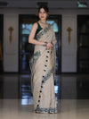 Banarasee Handwoven Semi-Tussar Saree With Embroidered Contrast Border-Beige