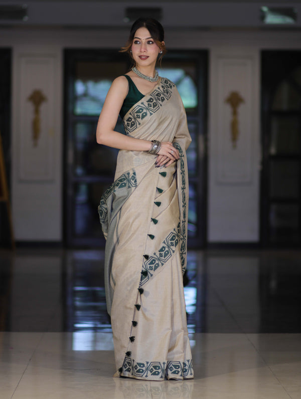 Banarasee Handwoven Semi-Tussar Saree With Embroidered Contrast Border-Beige