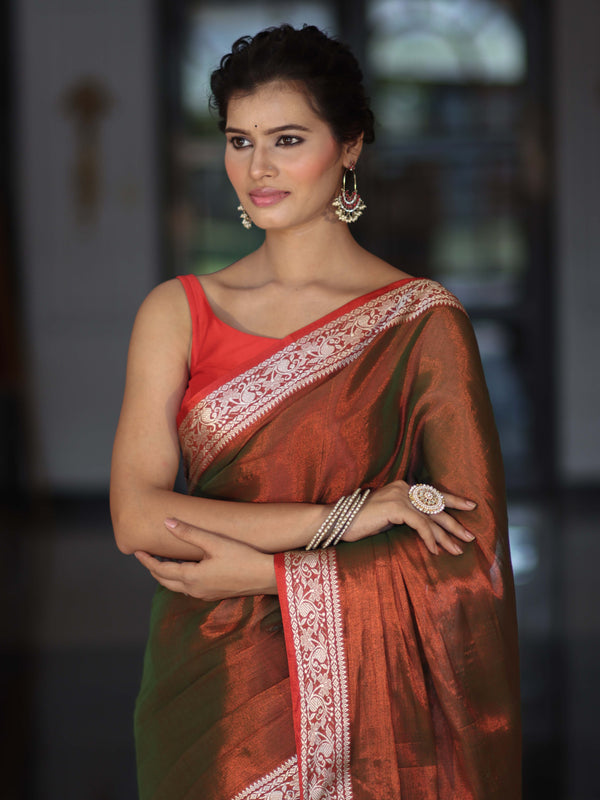 Banarasee Dual Shaded Linen Tissue Saree With Floral Border-Rust