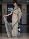 Banarasee Handwoven Semi-Tussar Saree With Embroidered Contrast Border-Beige