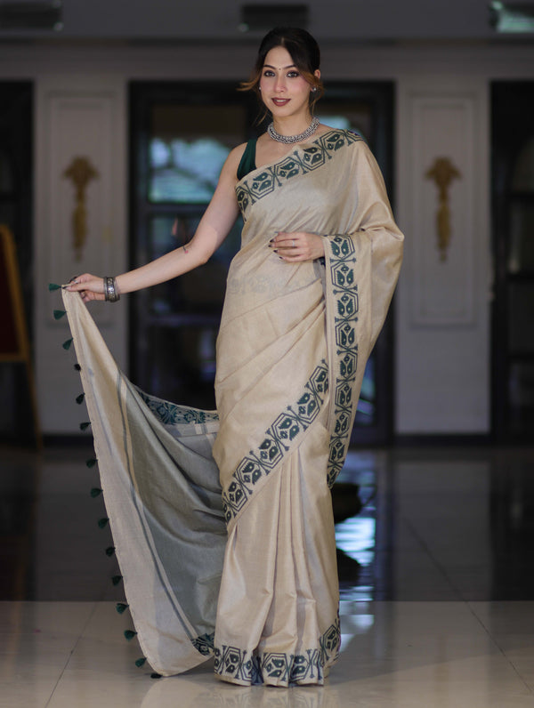 Banarasee Handwoven Semi-Tussar Saree With Embroidered Contrast Border-Beige