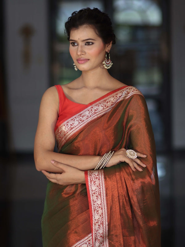 Banarasee Dual Shaded Linen Tissue Saree With Floral Border-Rust