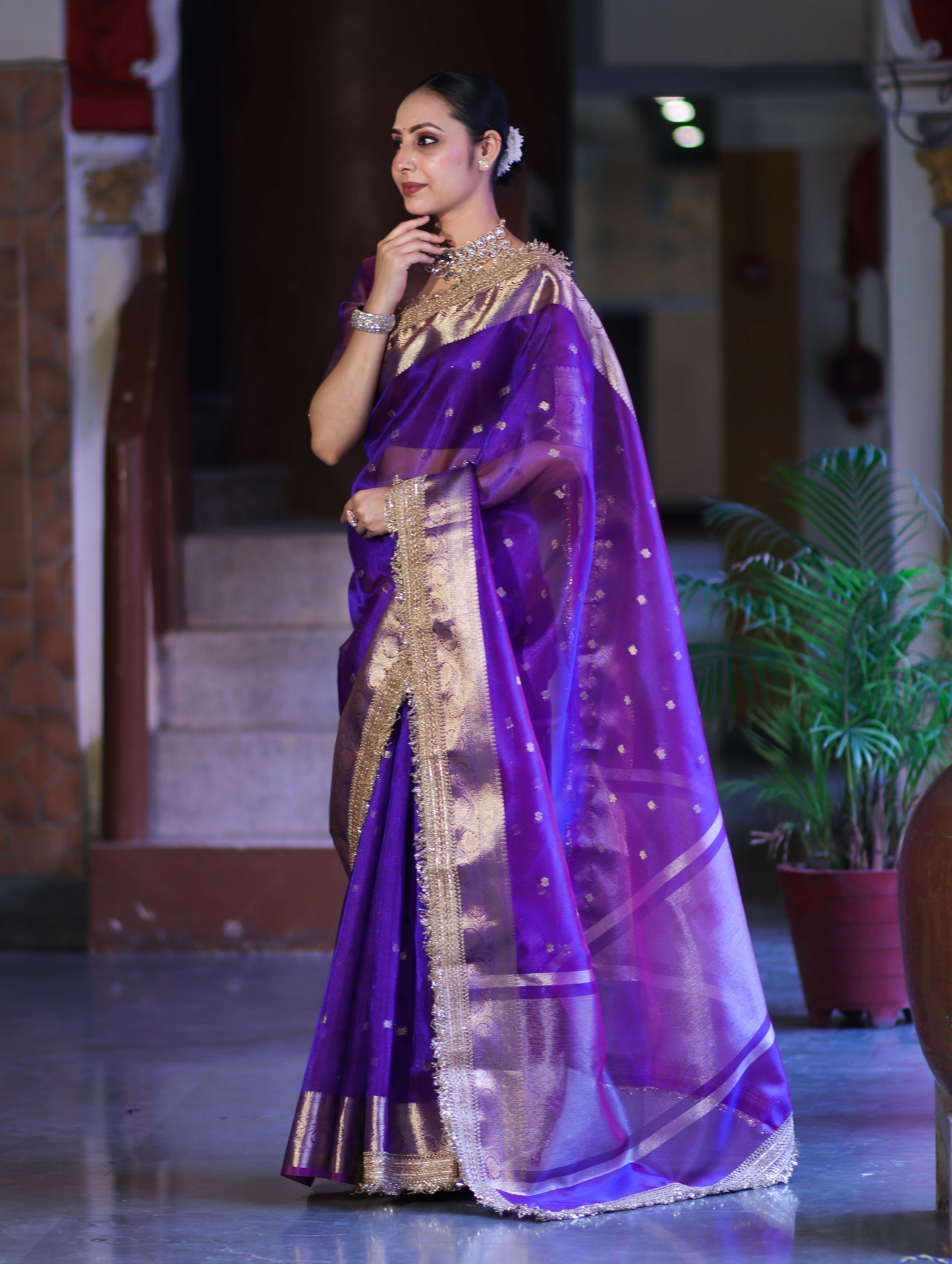 Banarasee Handloom Tissue Saree With Buti Design Zari Border & Lace-Violet