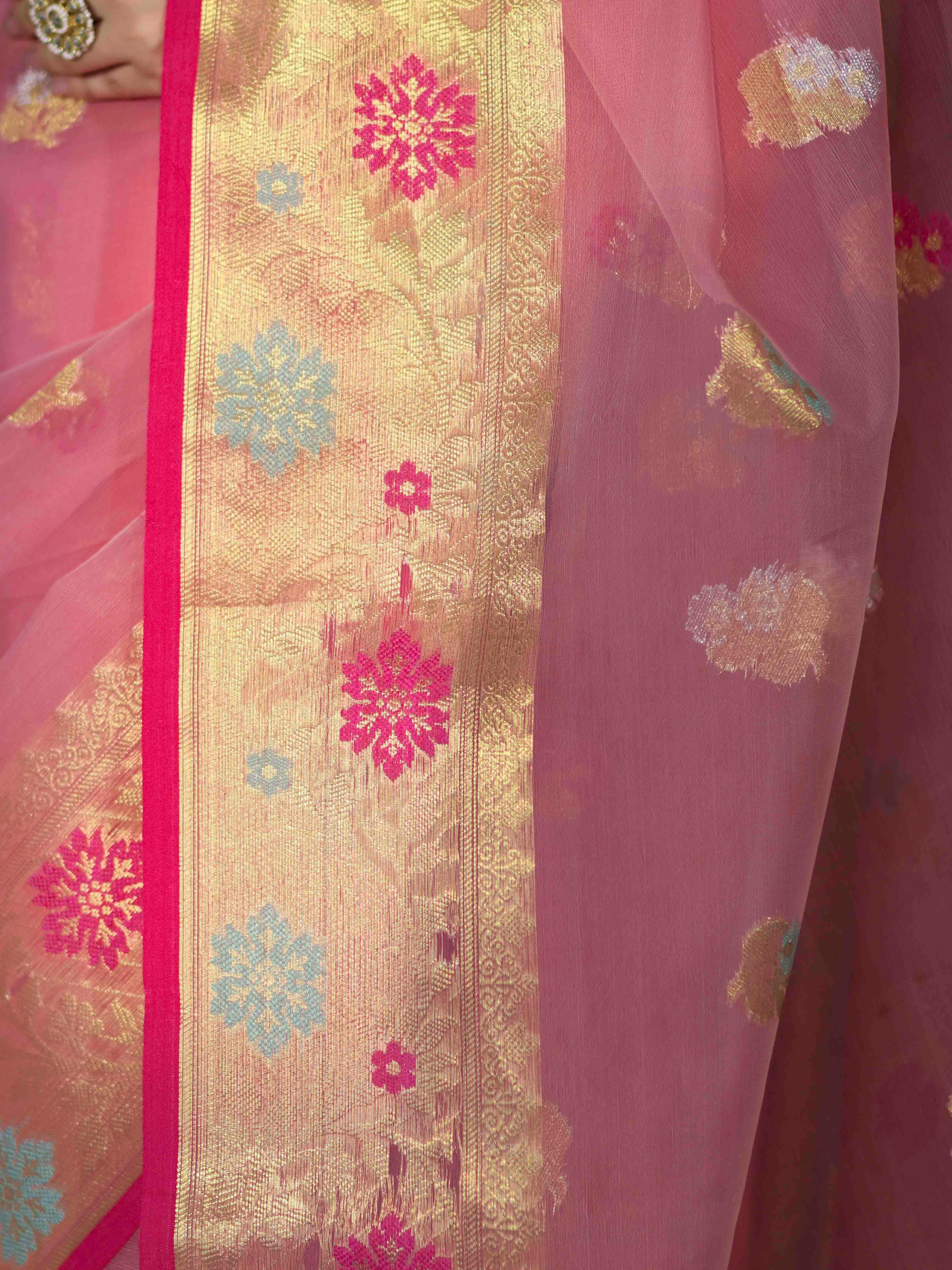 Banarasee Handloom Organza Mix Saree With Resham & Zari Work-Light Pink