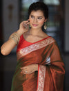 Banarasee Dual Shaded Linen Tissue Saree With Floral Border-Rust