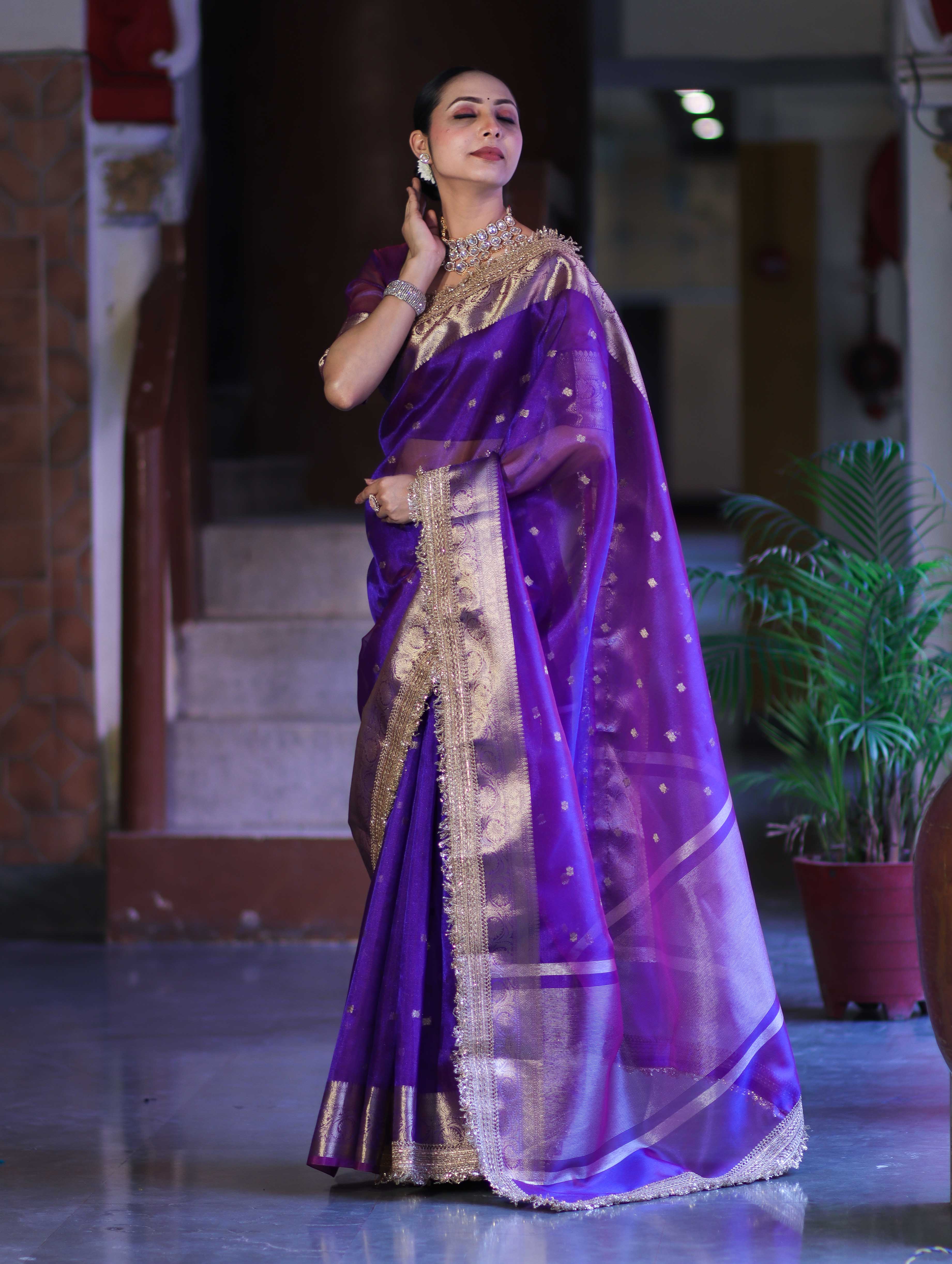 Banarasee Handloom Tissue Saree With Buti Design Zari Border & Lace-Violet
