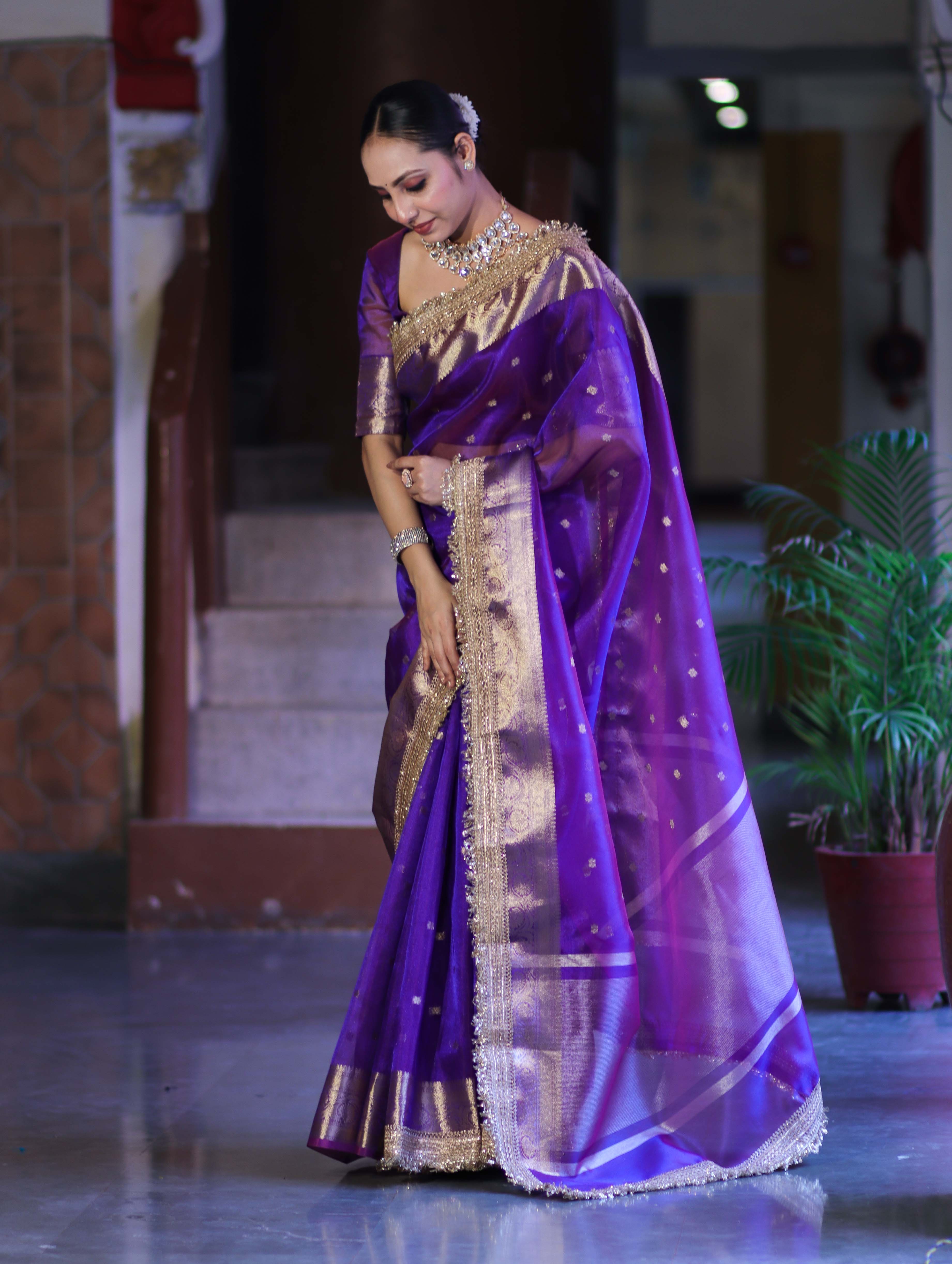Banarasee Handloom Tissue Saree With Buti Design Zari Border & Lace-Violet