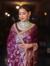 Banarasee Handwoven Semi Silk Saree With Silver Zari Jaal Design & Lace-Violet
