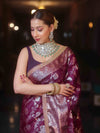 Banarasee Handwoven Semi Silk Saree With Silver Zari Jaal Design & Lace-Violet
