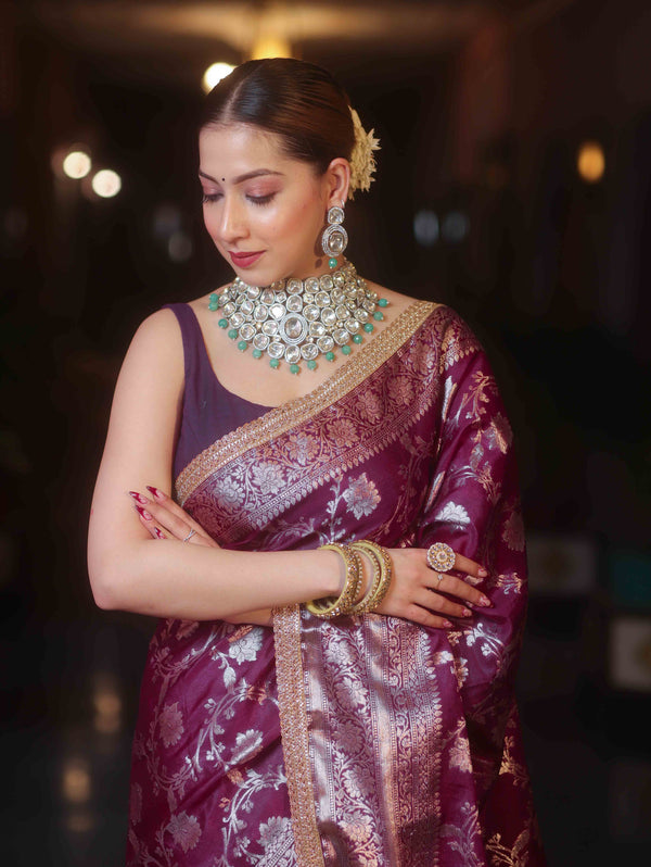 Banarasee Handwoven Semi Silk Saree With Silver Zari Jaal Design & Lace-Violet
