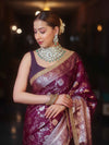 Banarasee Handwoven Semi Silk Saree With Silver Zari Jaal Design & Lace-Violet