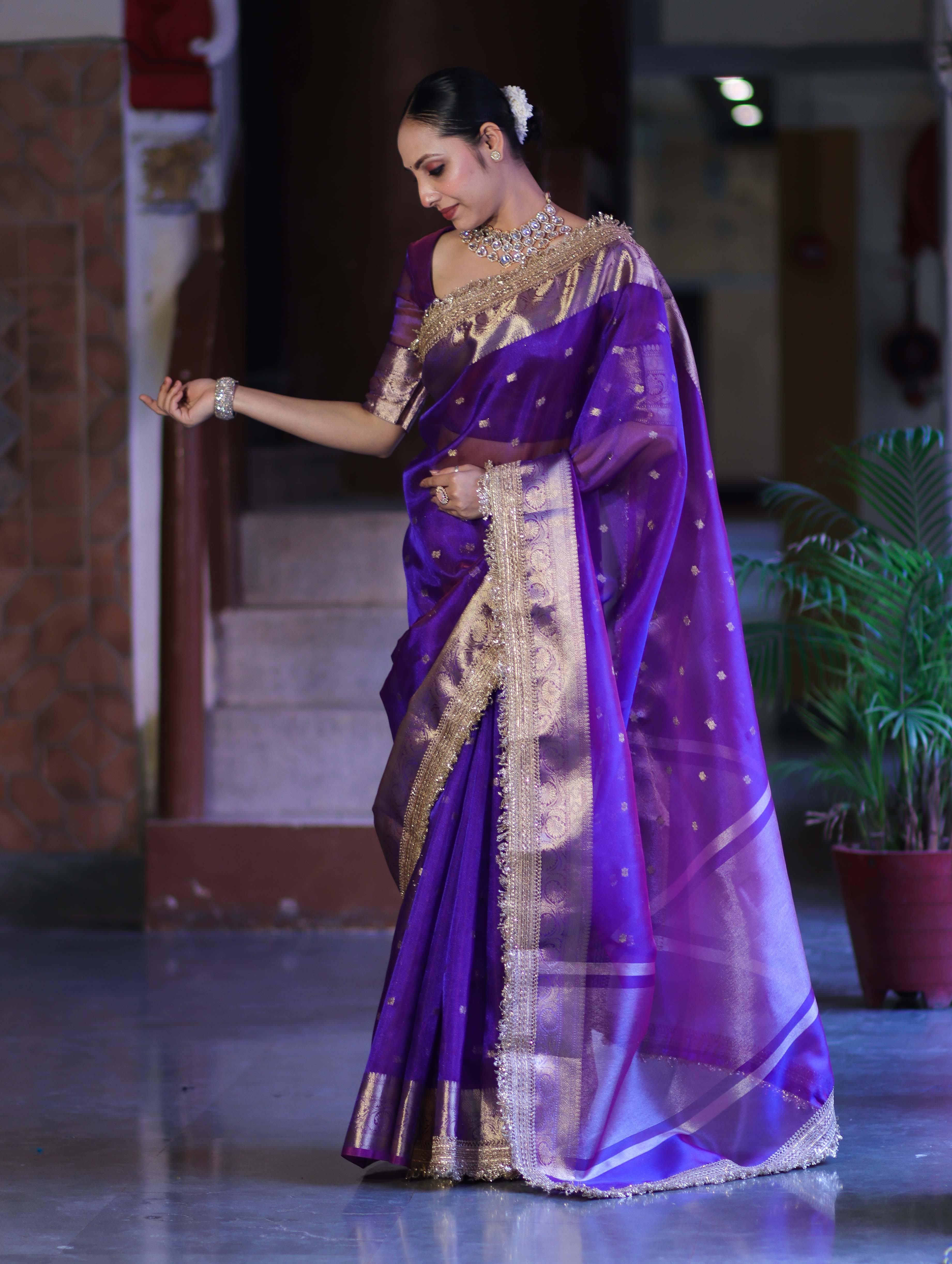 Banarasee Handloom Tissue Saree With Buti Design Zari Border & Lace-Violet