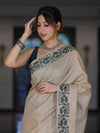 Banarasee Handwoven Semi-Tussar Saree With Embroidered Contrast Border-Beige