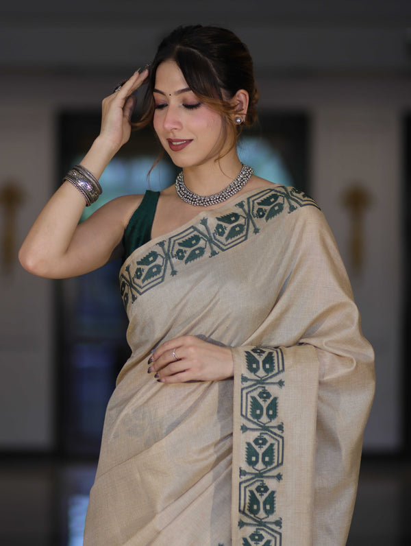 Banarasee Handwoven Semi-Tussar Saree With Embroidered Contrast Border-Beige