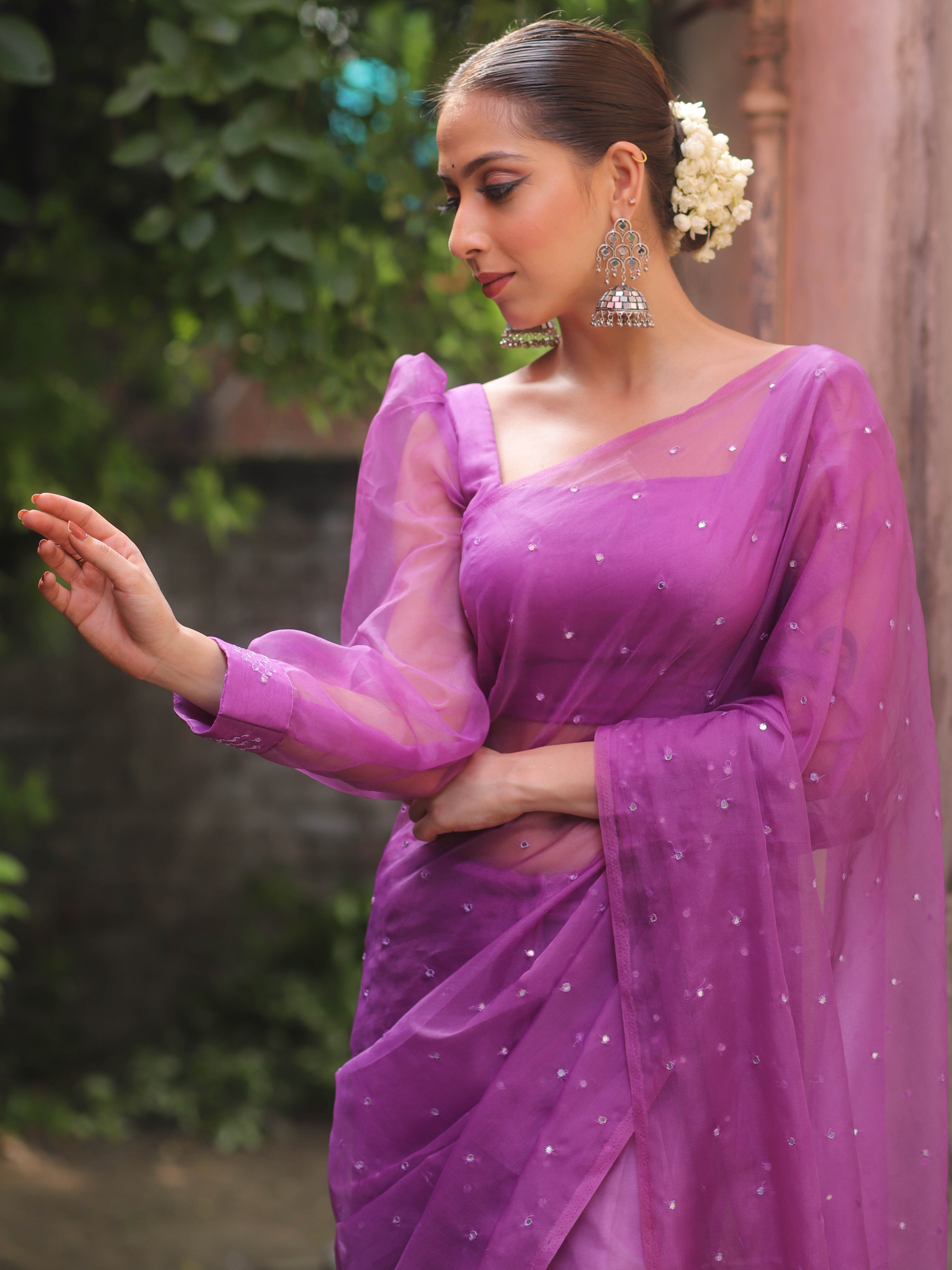 Banarasee Hand-Embroidered Mirror Work Organza Saree With Blouse-Purple