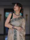 Banarasee Handwoven Semi-Tussar Saree With Embroidered Contrast Border-Beige