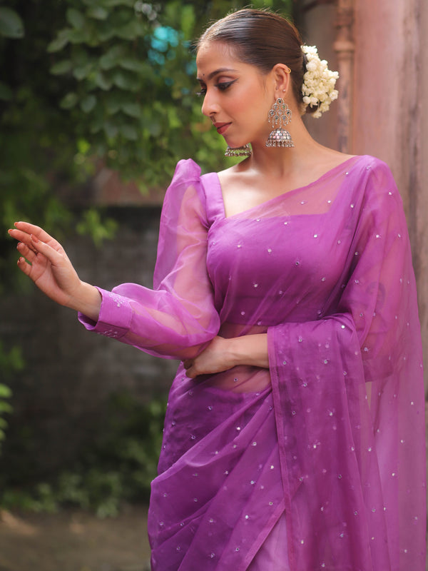 Banarasee Hand-Embroidered Mirror Work Organza Saree With Blouse-Purple